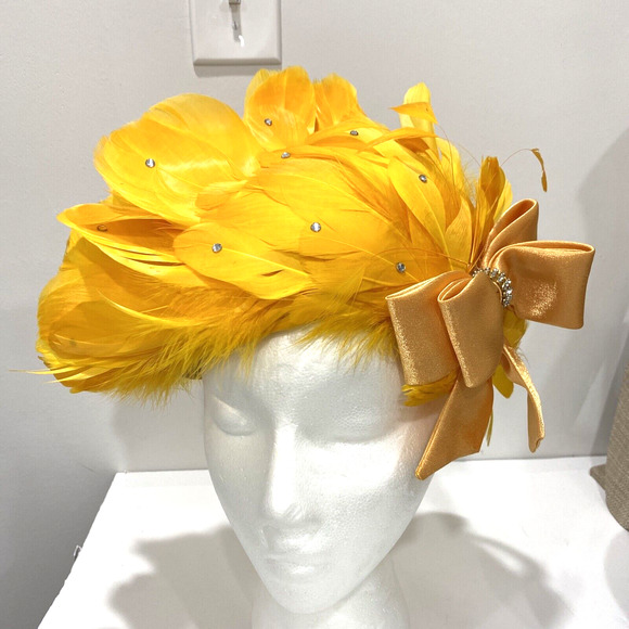 Vintage Ms Devine hat bright yellow feathers satin bow & rhinestones statement - Picture 3 of 10